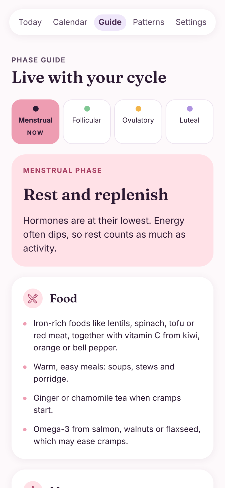 Guide screen with food, movement and supplement tips per phase