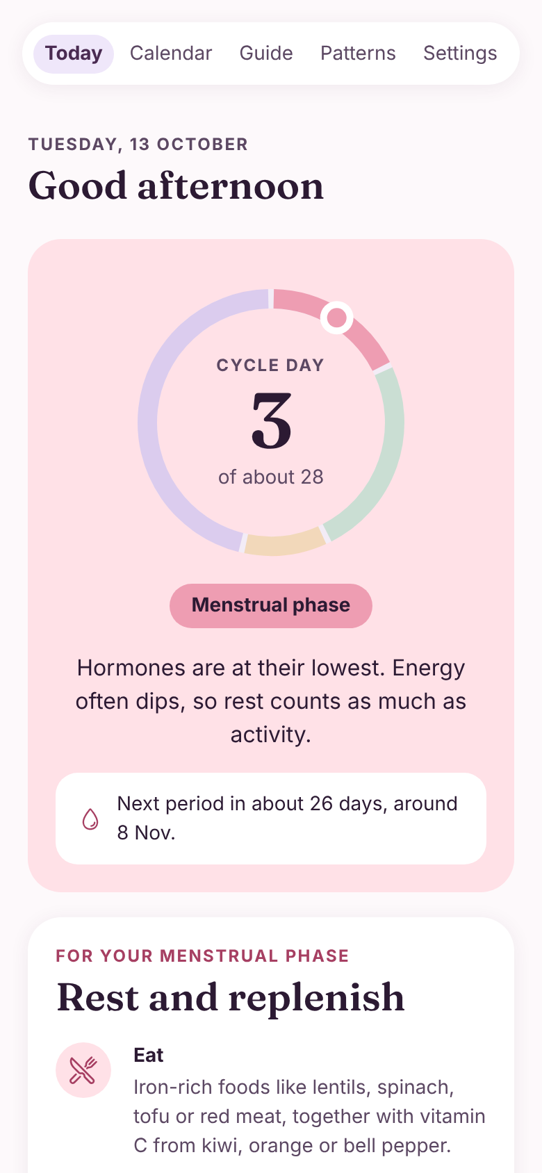 Today screen with the cycle ring and tips for the current phase